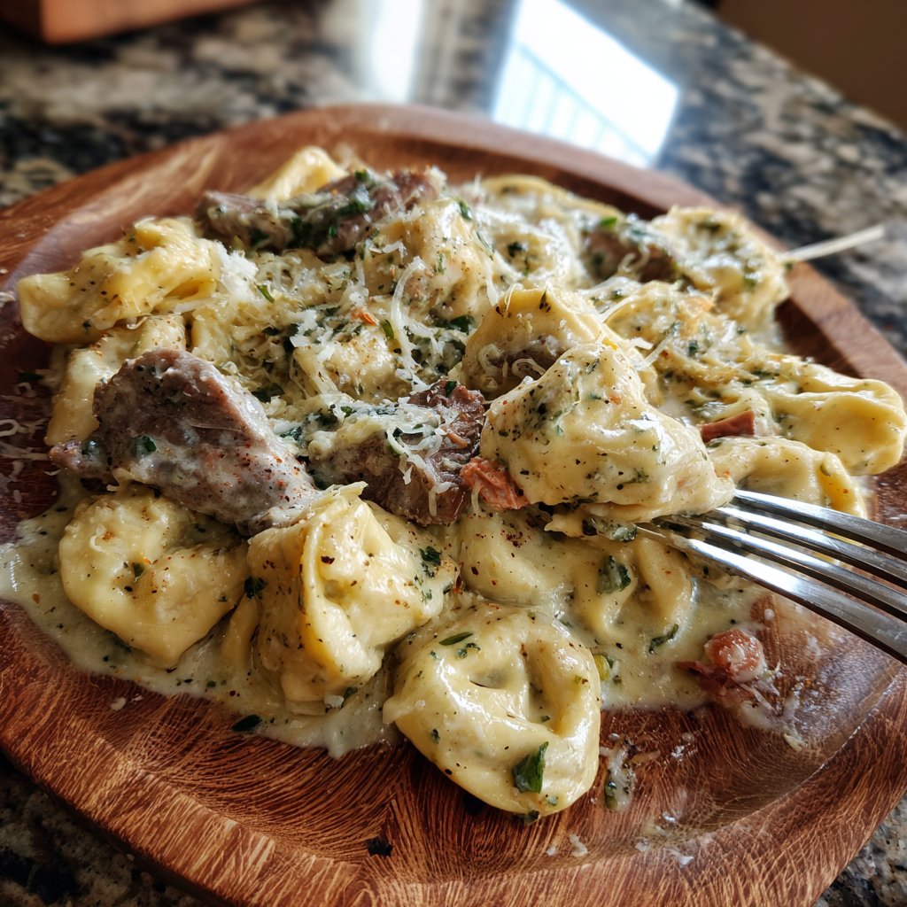 Garlic Steak Tortellini with Herb Cream Cheese Sauce