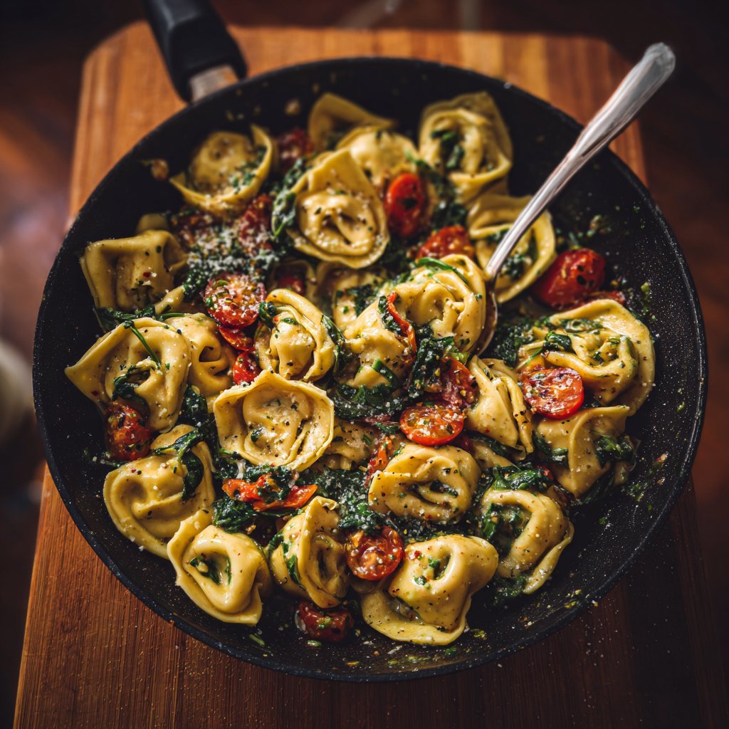 Garlic Steak Tortellini with Spinach and Cherry Tomatoes